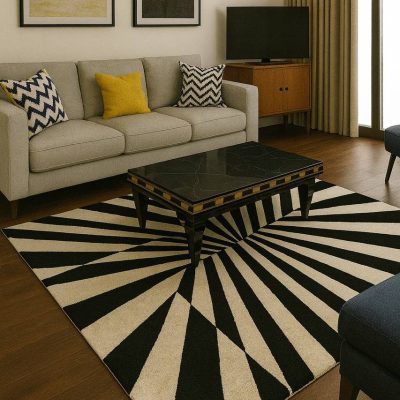 Black & Ivory Sunburst Tufted Rug