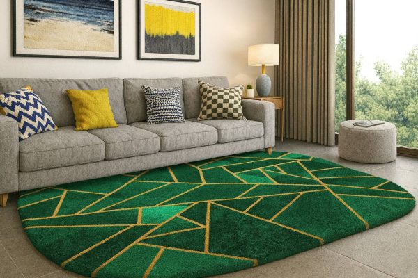 Tufted Geometric Rug – Modern Green & Gold