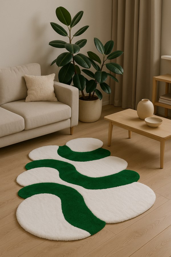 Abstract Green & White Handmade Tufted Rug
