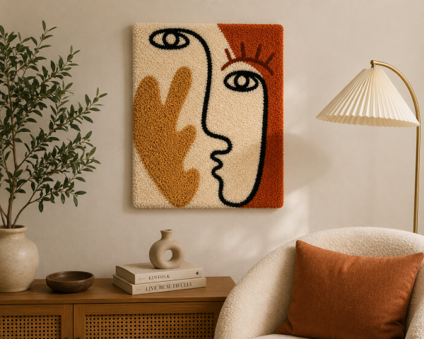 Handmade Tufted Abstract Face Wall Rug – Modern Minimalist Fiber Art – Contemporary Decorative Rug – 14×17 Inches